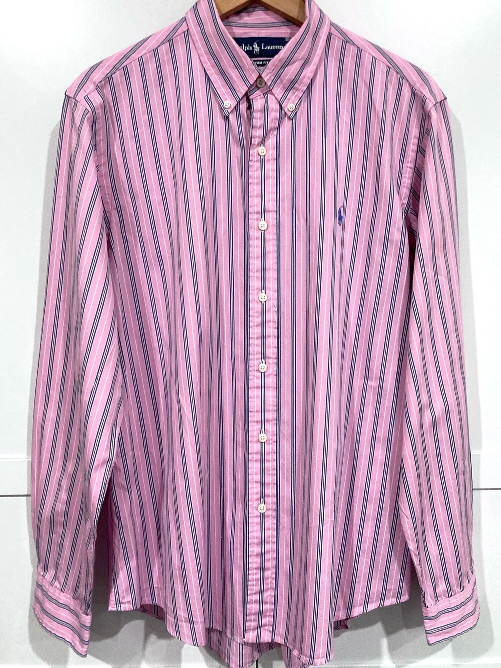 Ralph Lauren Pink Button-Down Shirt with Navy and White Stripes